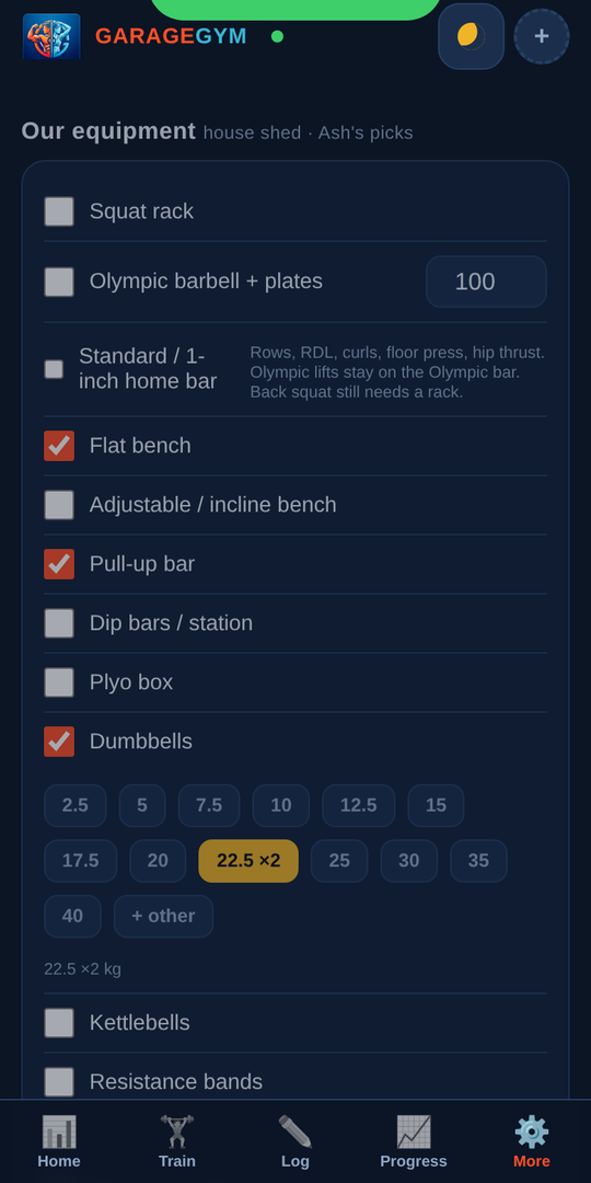 Tick the equipment you actually have in the garage