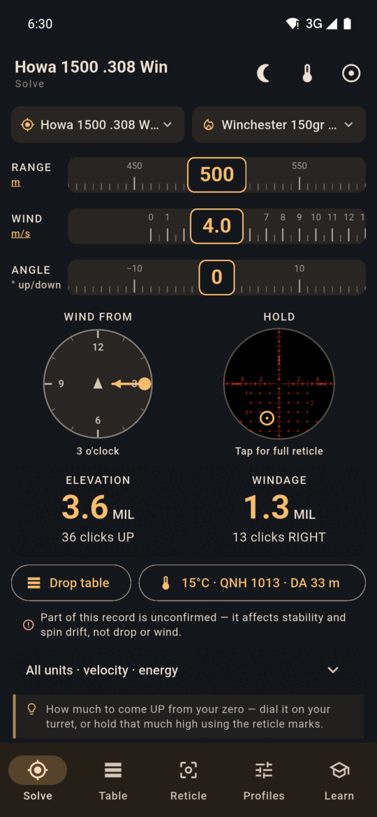 Solve screen: elevation and windage for the chosen range
